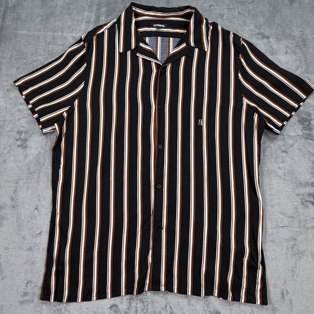 Express Mens Large Striped Short Sleeve Button Up Black Brown Viscose Shirt NWOT